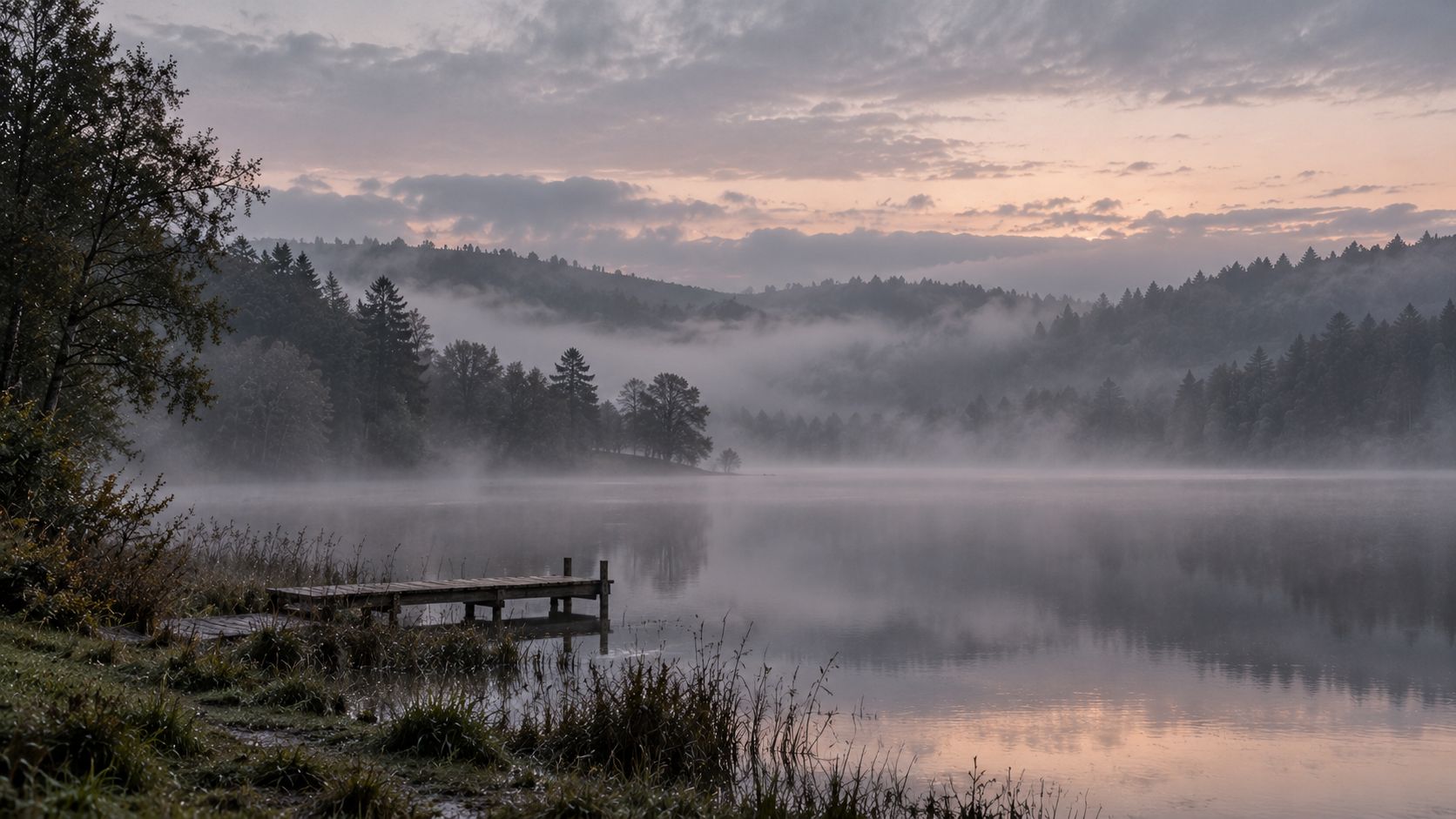 Un lac du Morvan à l'aube, la brume posée sur l'eau, un ponton en bois