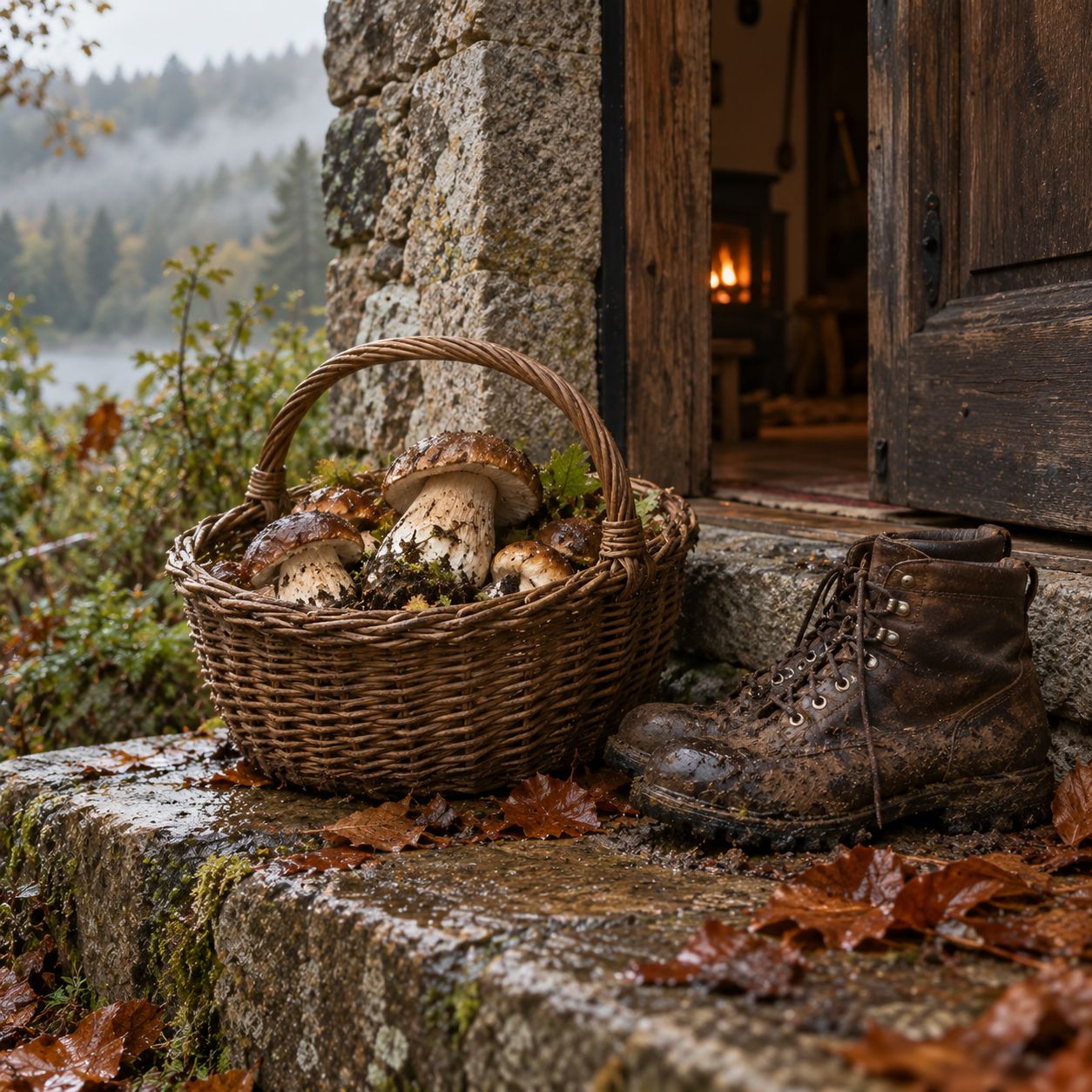 Un panier de cèpes et des bottes, feuilles rousses