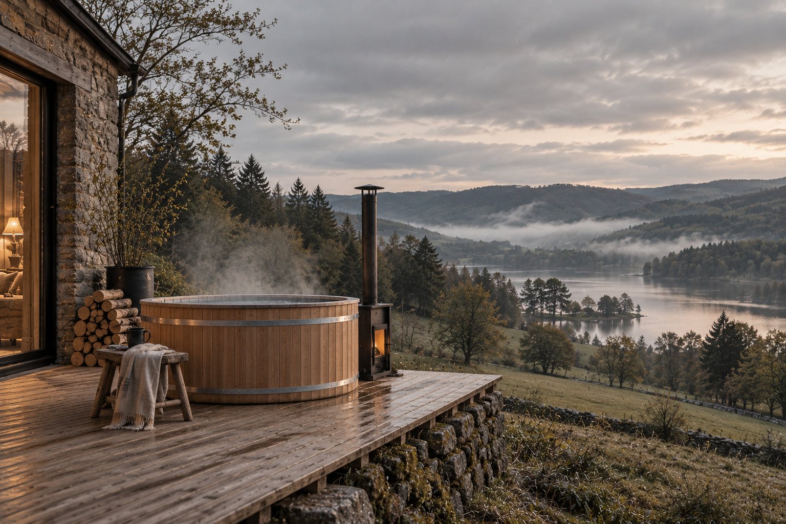 Le bain nordique en bois fume sur la terrasse de la maison de pierre, face au lac et aux collines dans la brume