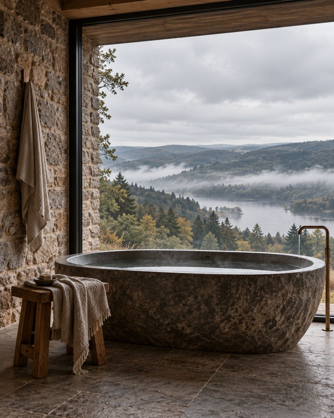 Une baignoire taillée dans la pierre face à une baie sur la vallée et les lacs dans la brume