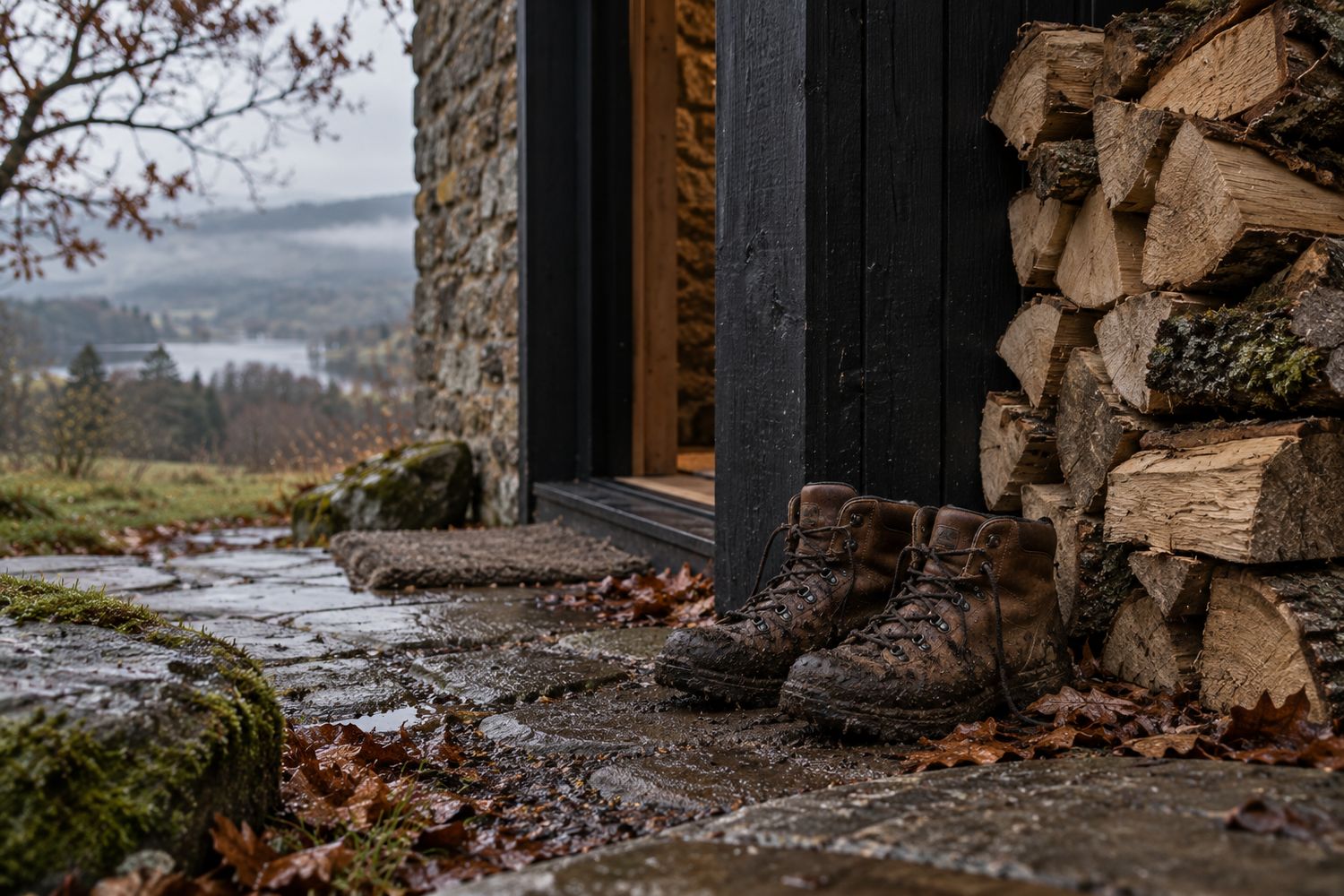 Des bottes pleines de boue sur le seuil, à côté d'une pile de bois