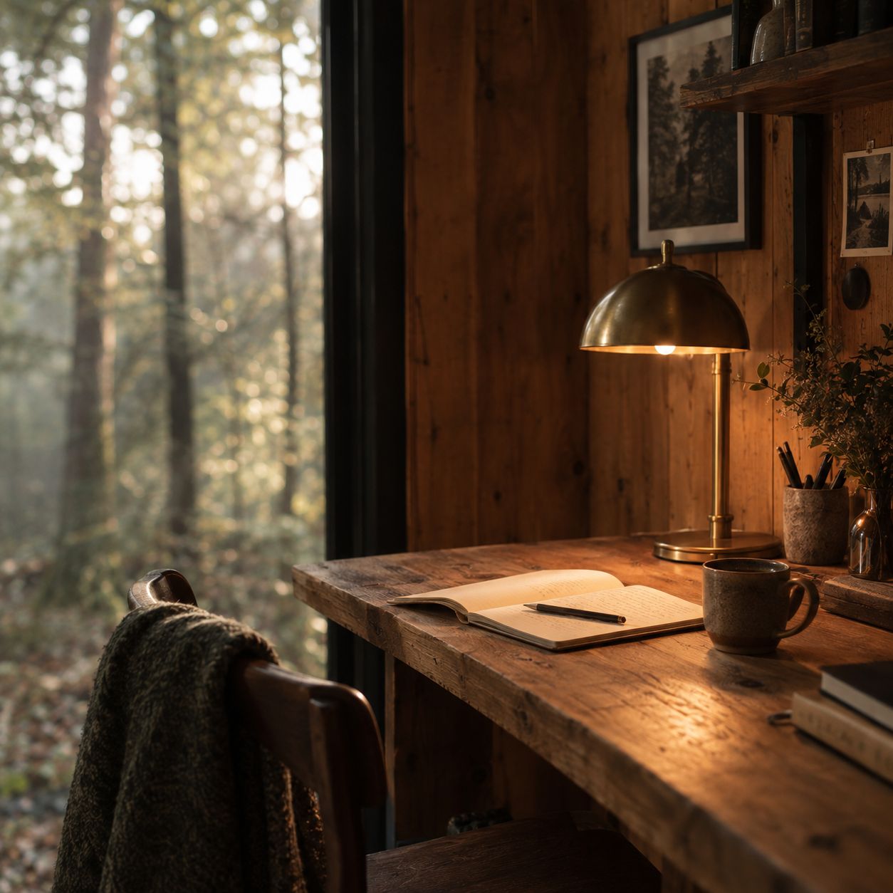 Le coin bureau, lampe en laiton, carnet ouvert