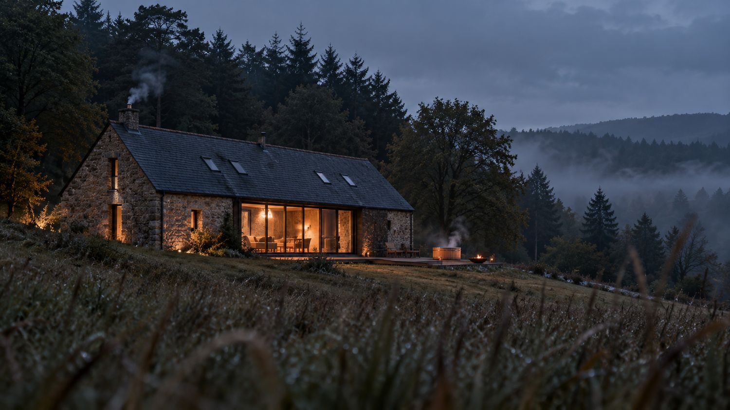 La maison de pierre au crépuscule, sa grande baie éclairée, les collines dans la brume