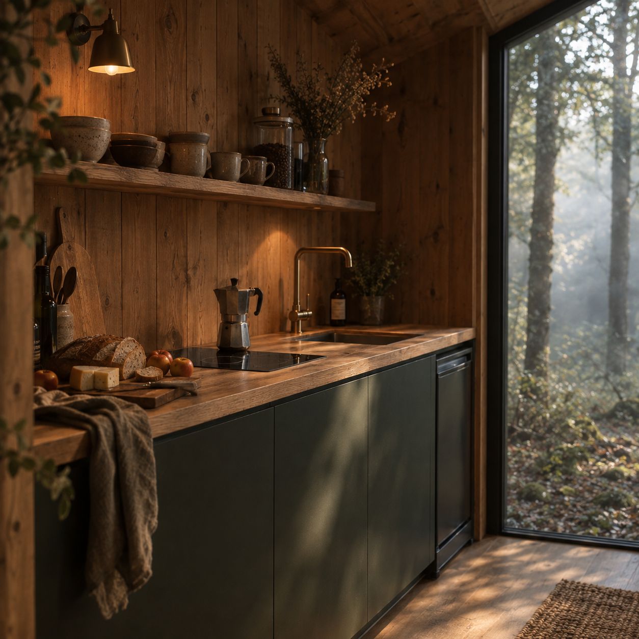 La cuisine vert forêt, plan en bois