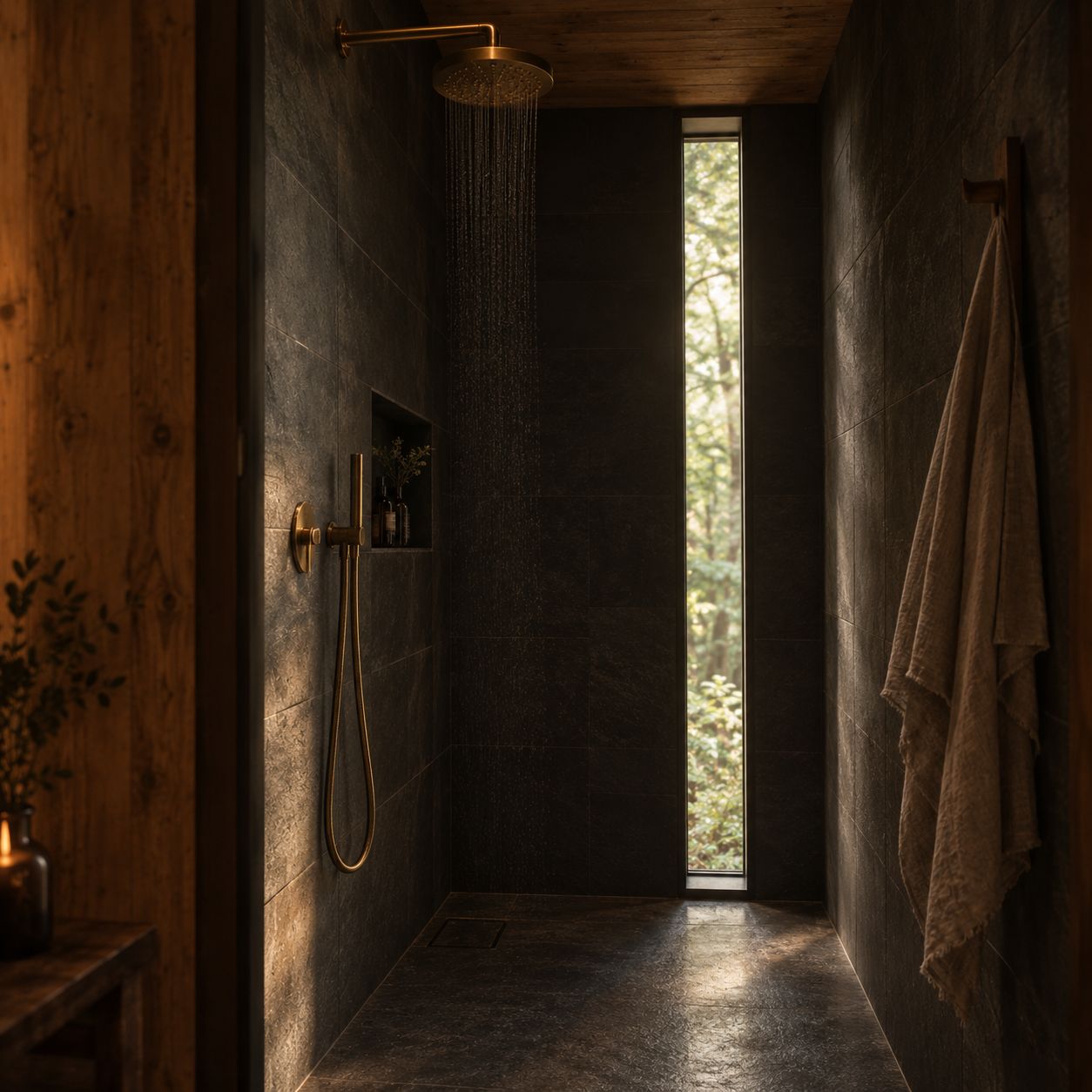 La douche à l'italienne, fente vitrée sur les arbres
