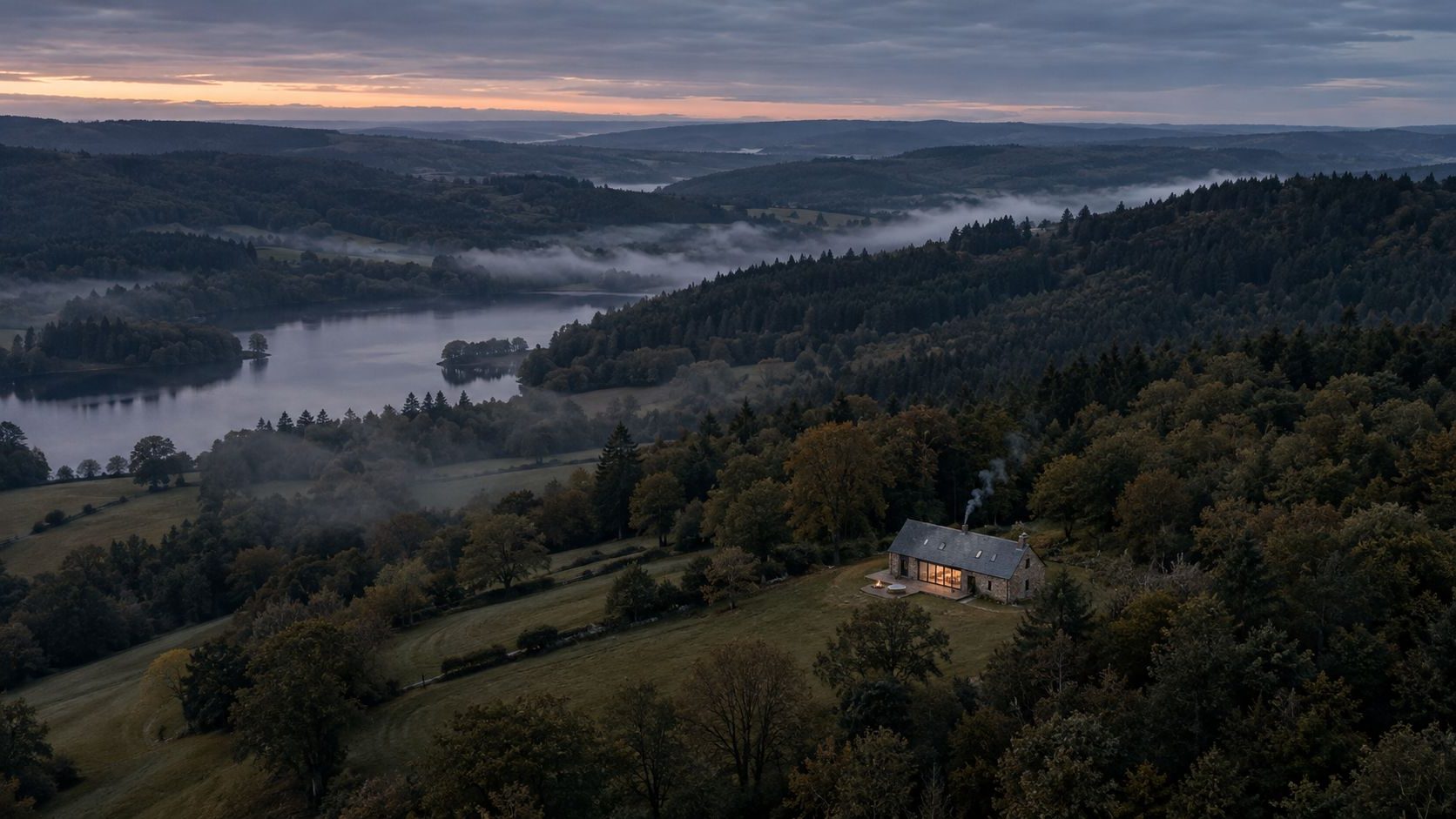 Une maison de pierre éclairée, seule à la lisière d'une forêt, au-dessus d'un lac du Morvan dans la brume du soir