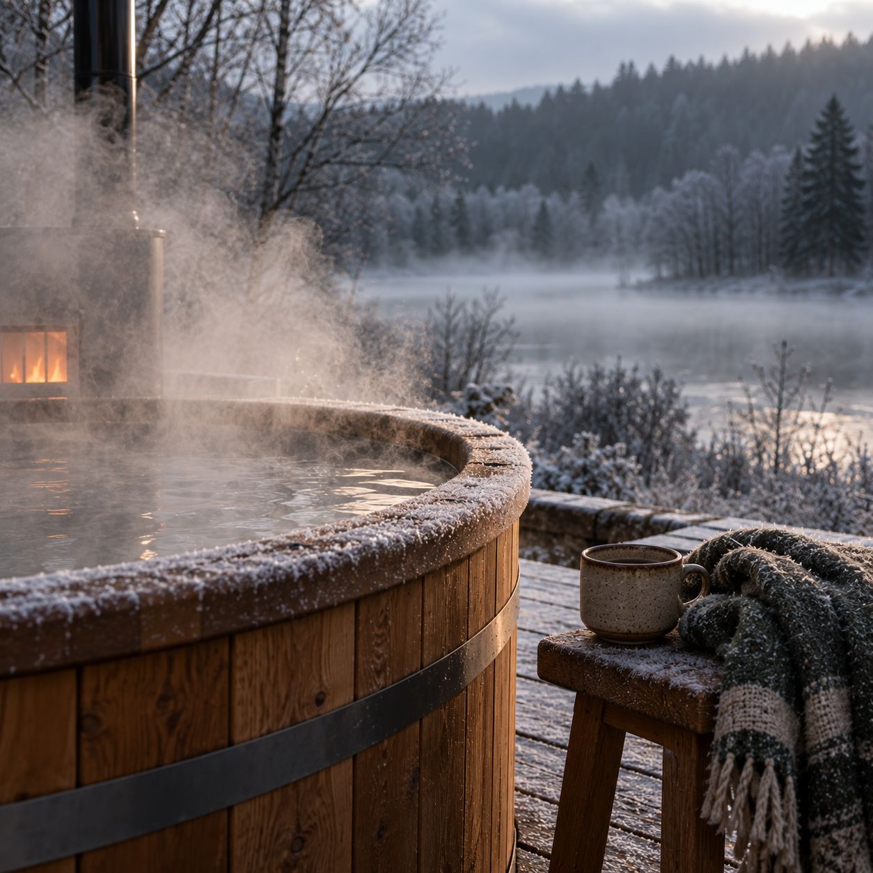 Le bain nordique en bois fume sur la terrasse givrée