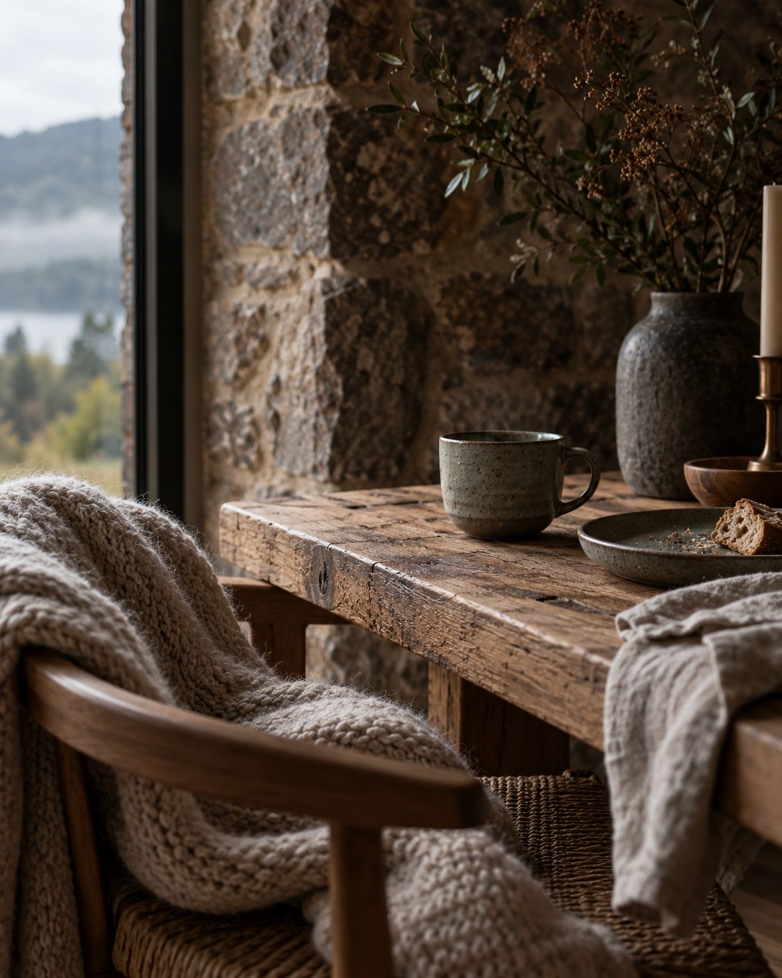 Un petit-déjeuner en céramique sur une table en bois