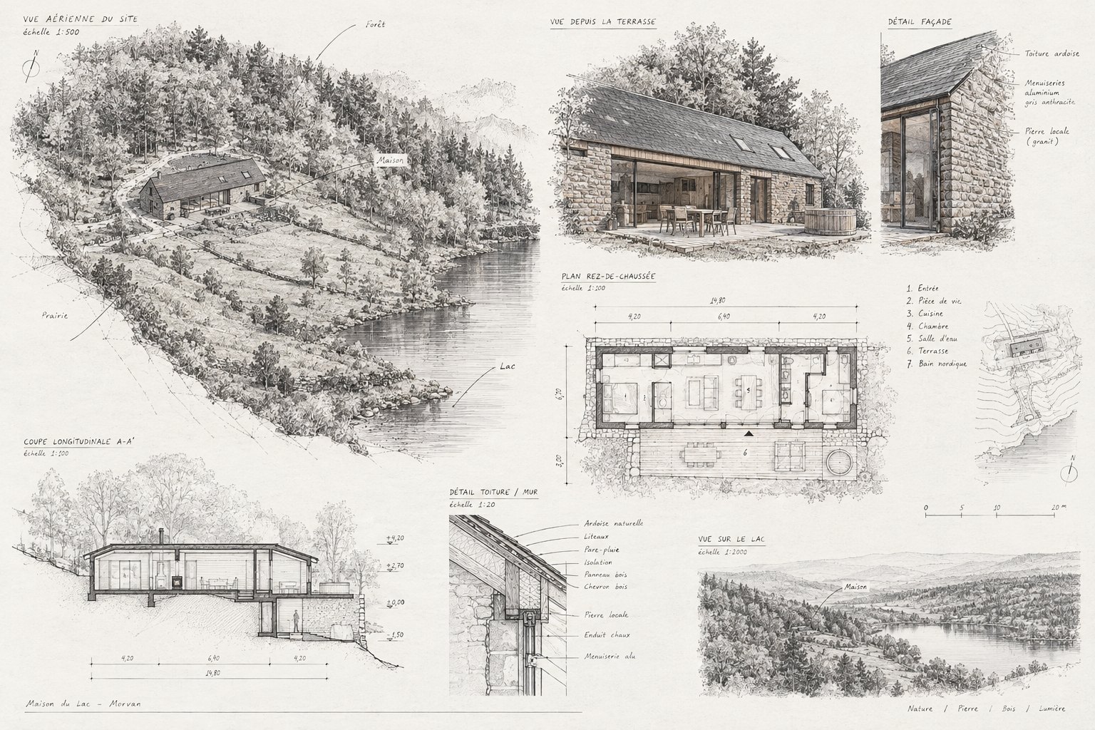 Planche d'architecte au crayon de la Maison du Lac dans le Morvan : vue aérienne du site, vue depuis la terrasse, détail de façade, plan du rez-de-chaussée, coupe longitudinale, détail toiture et mur, vue sur le lac