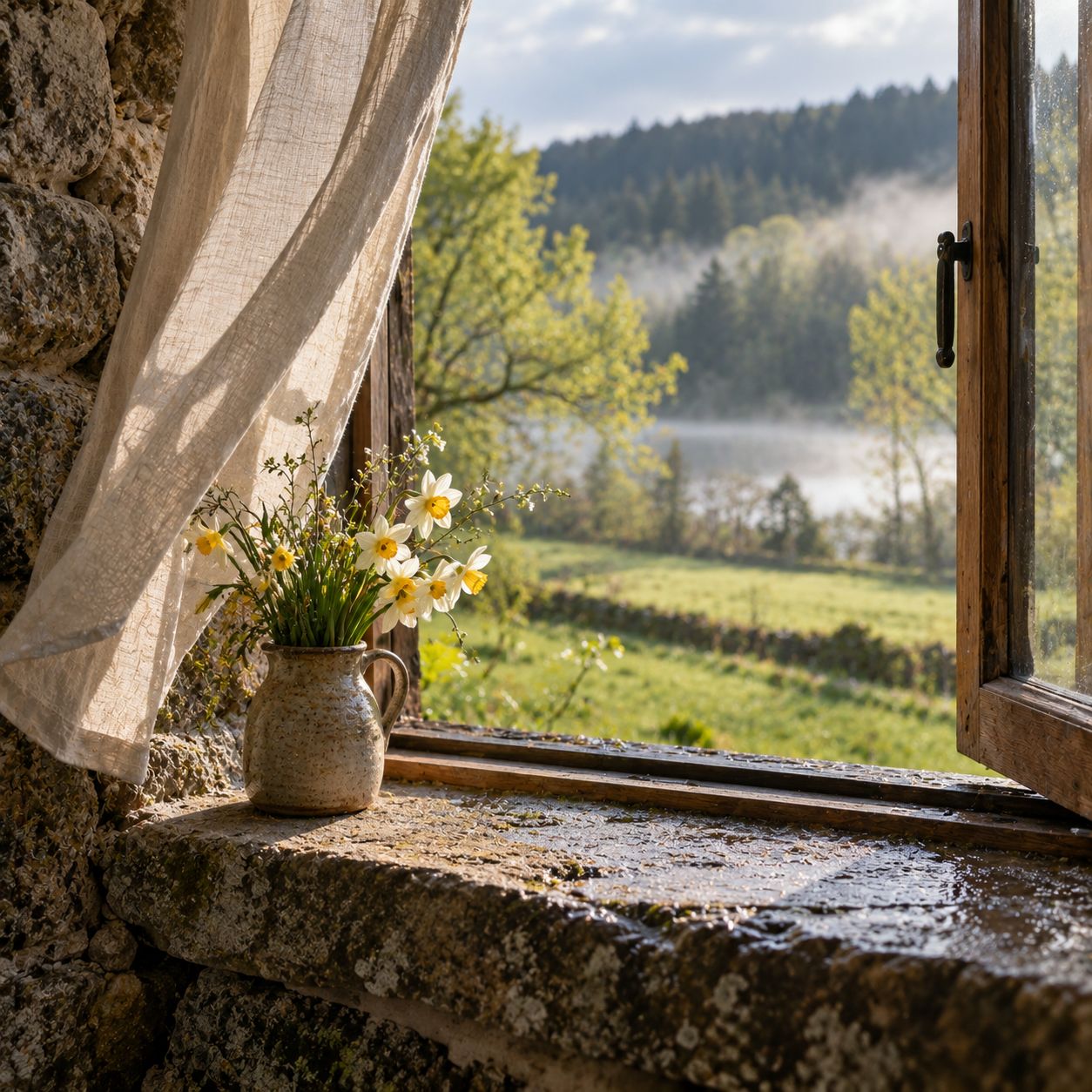 Une fenêtre ouverte dans le mur de pierre, des jonquilles, la prairie